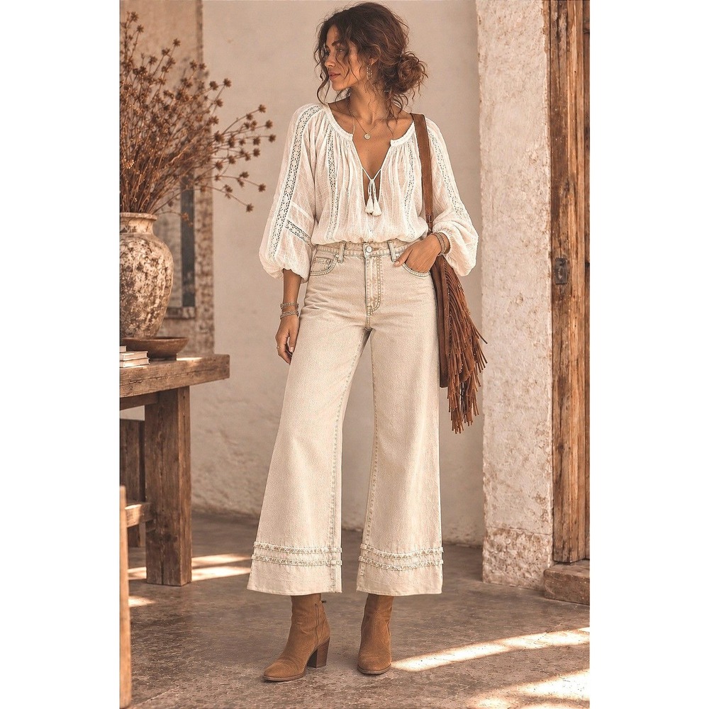 AG Adriano Goldschmied Saige Wide Leg Crop Jeans Beige Frayed Hem High Rise 25